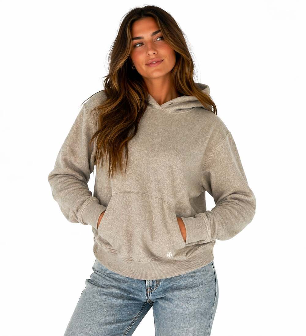 Tory Burch Sport Hoodie Medium heathered Tan Gray Pullover Athleisure Logo